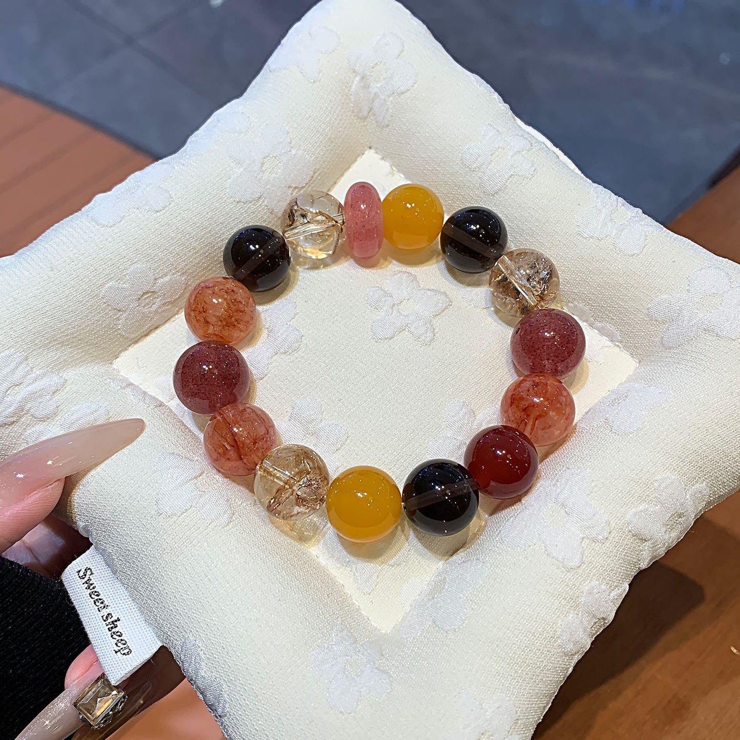 Strawberry Quartz & Rutilated Quartz Beaded Bracelet